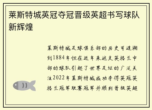莱斯特城英冠夺冠晋级英超书写球队新辉煌